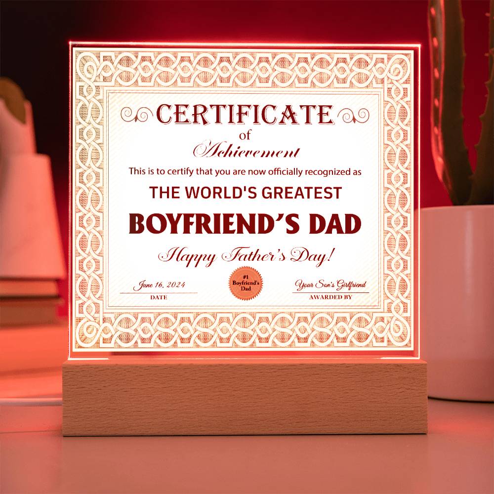 Boyfriends Dad Gift-Certificate Of Achievement-Square Acrylic Plaque