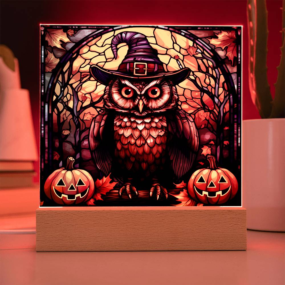 Halloween Gift - Owl Stained Glass - Acrylic Square Plaque with Available LED Night Light