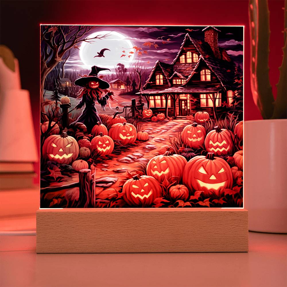 Halloween Gift - Halloween Home With Witch - Acrylic Square Plaque with Available LED Night Light