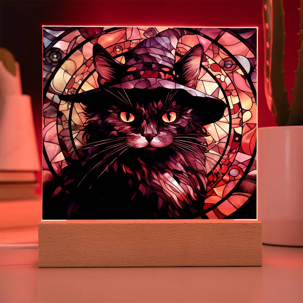 Halloween Gift - Black Cat Acrylic Square Plaque with Available LED Night Light