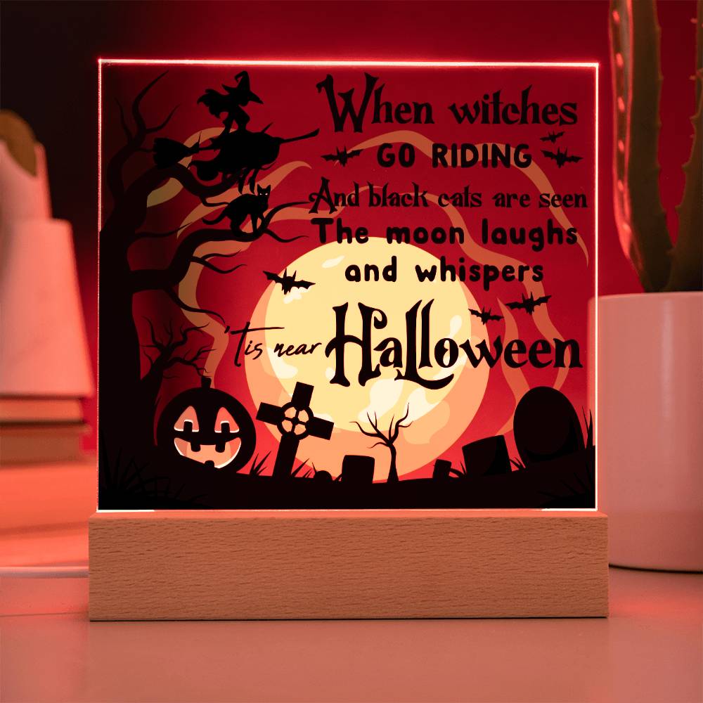 Halloween Gift - Black Cats and Witches Acrylic Square Plaque with Available LED Night Light