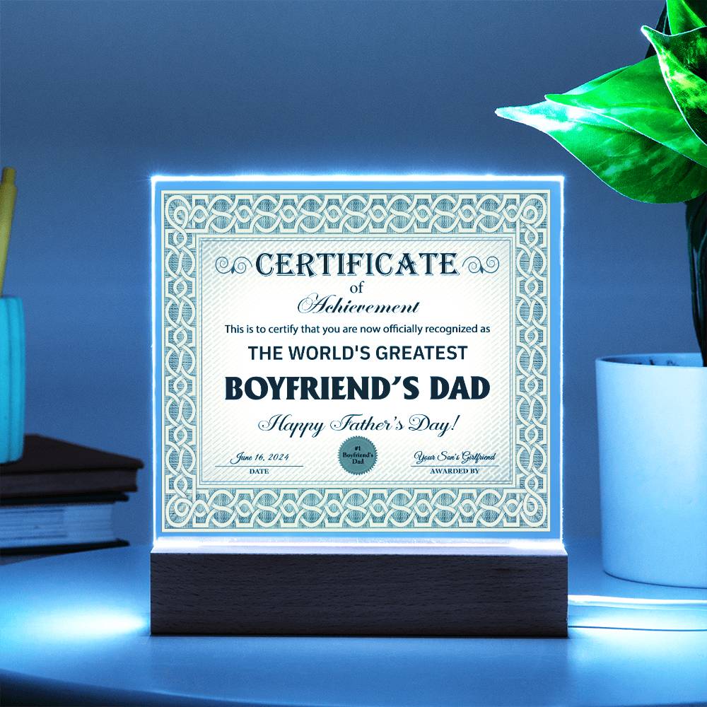 Boyfriends Dad Gift-Certificate Of Achievement-Square Acrylic Plaque