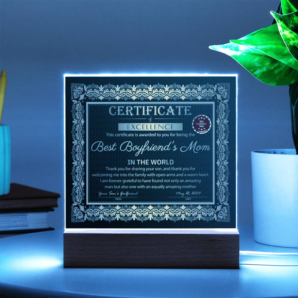 Gift For My Boyfriend's Mom - Certificate of Excellence - Acrylic Square Plaque