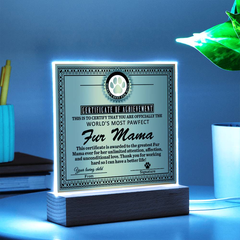 Fur Mama Gift -Certificate of Achievement - Acrylic Square Plaque