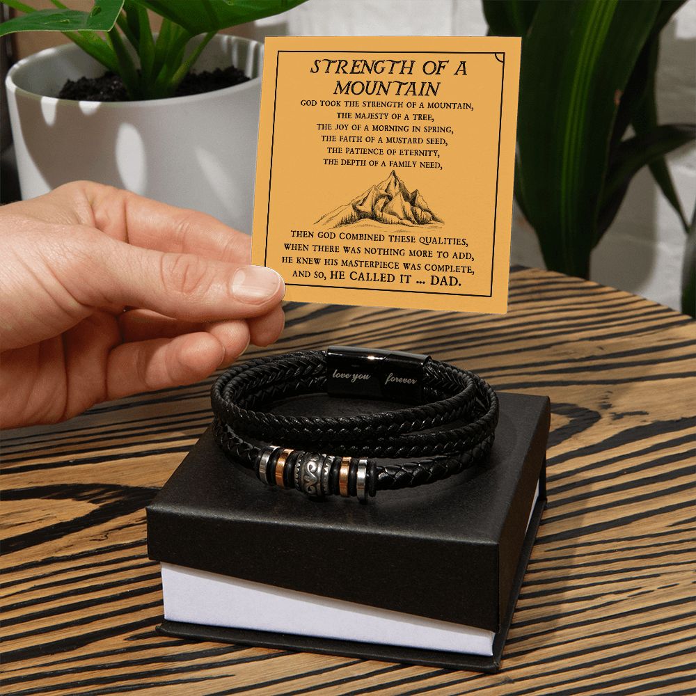 Gift For Dad - Mens "Love You Forever" Leather Bracelet - Strength Of A Mountain