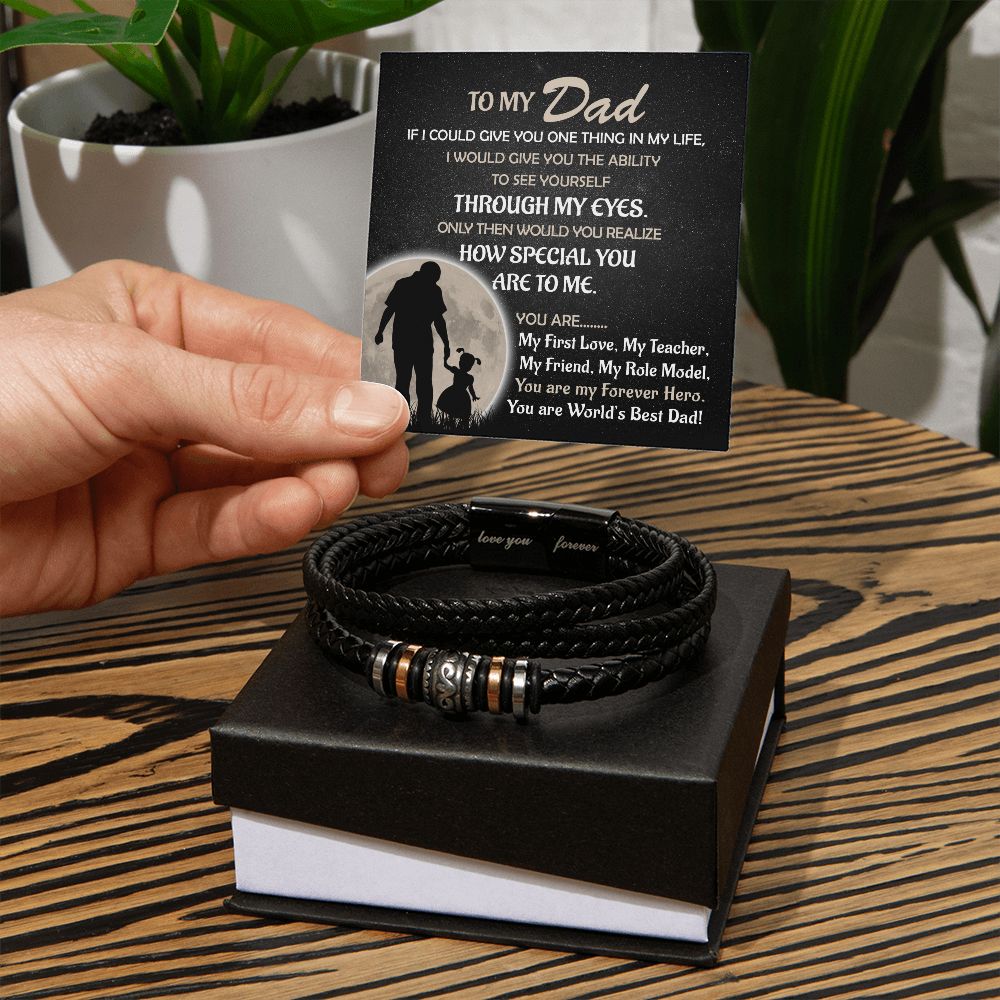 Gift For Dad From Daughter - Mens "Love You Forever" Leather Bracelet -My Forever Hero