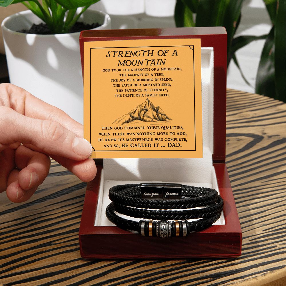 Gift For Dad - Mens "Love You Forever" Leather Bracelet - Strength Of A Mountain