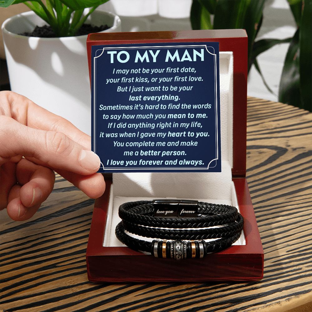 Gift For My Man - Mens Love You Forever Leather Bracelet -First Kiss First Love