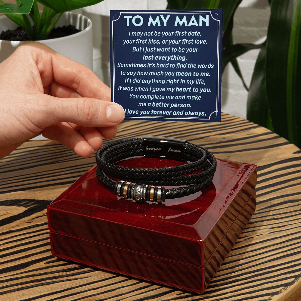 Gift For My Man - Mens Love You Forever Leather Bracelet -First Kiss First Love