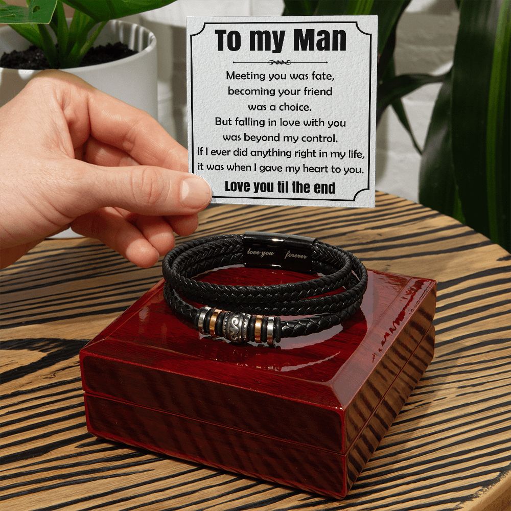 Gift For My Man - Mens Love You Forever Leather Bracelet -Meeting You Was Fate