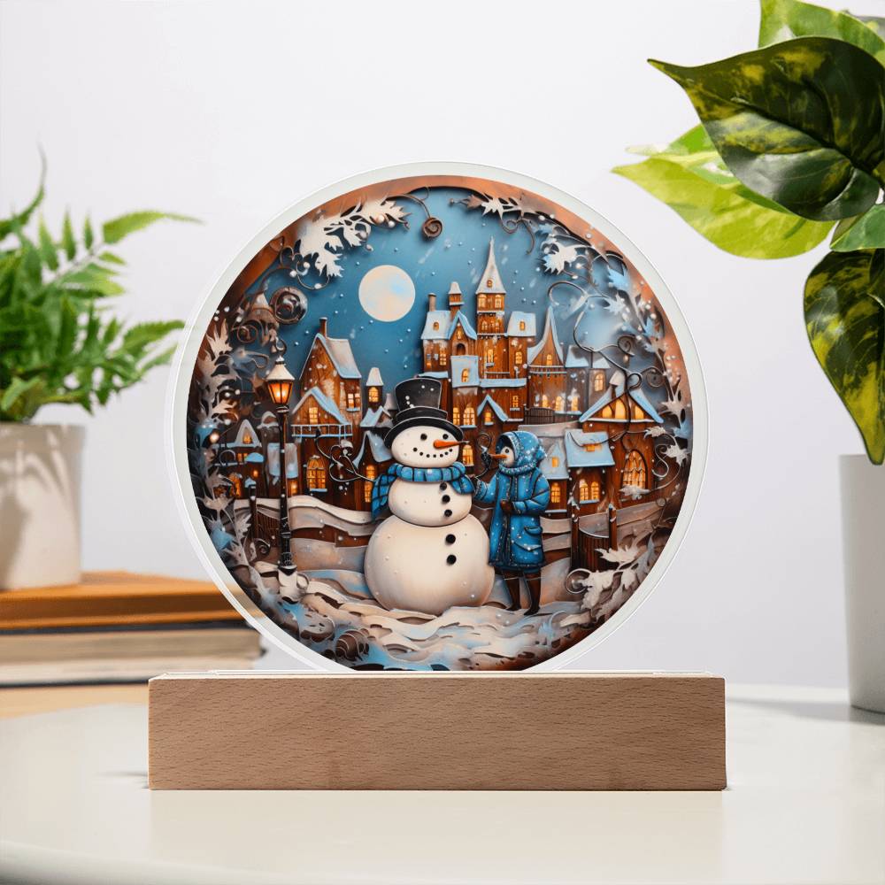 Christmas Snowman Gift - Acrylic Circle Plaque with Available LED Night Light - Snowman in Town