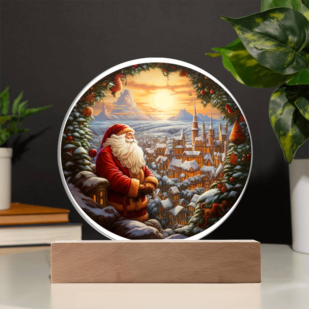 Christmas Santa and Town Acrylic Circle Plaque with Available LED Night Light