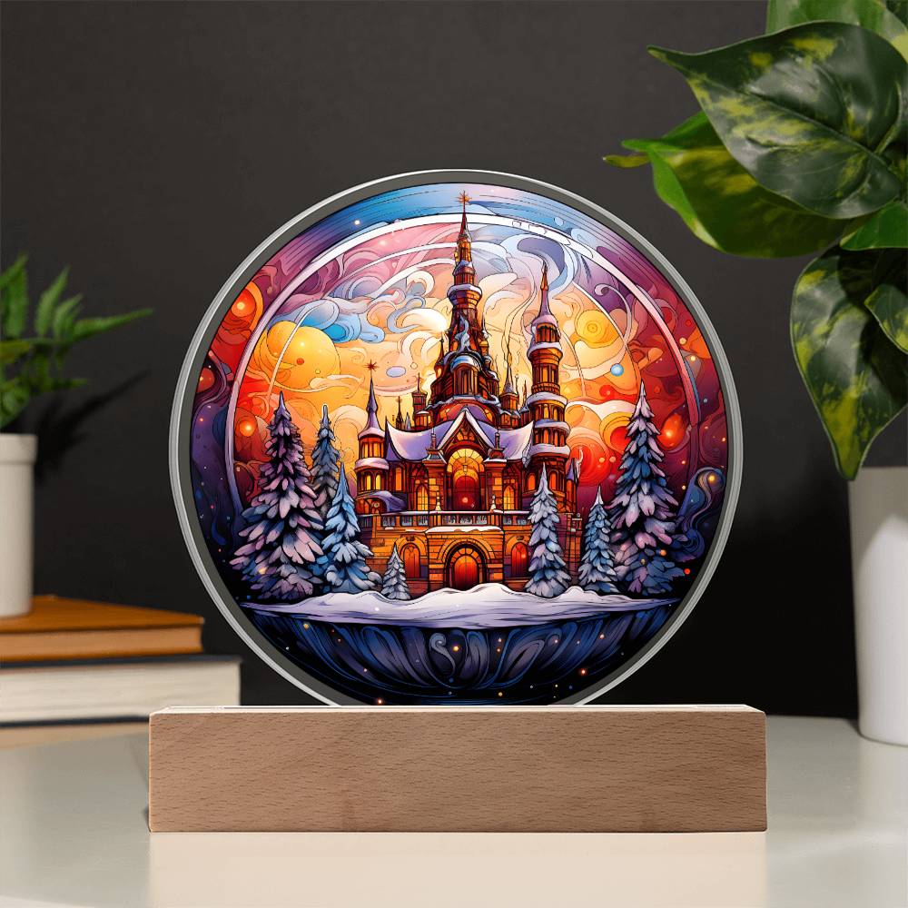 Christmas Gift - Christmas Castle Acrylic Circle Plaque with LED