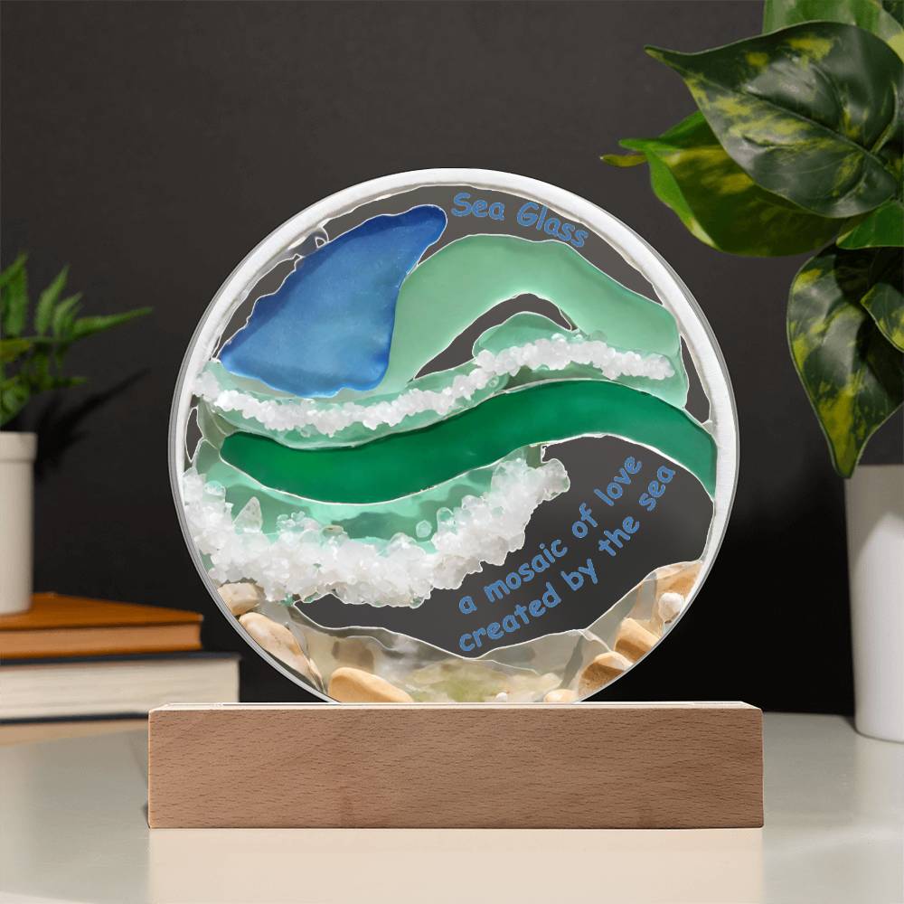 Sea Glass Mosaic Of Love Acrylic Circle Plaque Table Top Display with LED