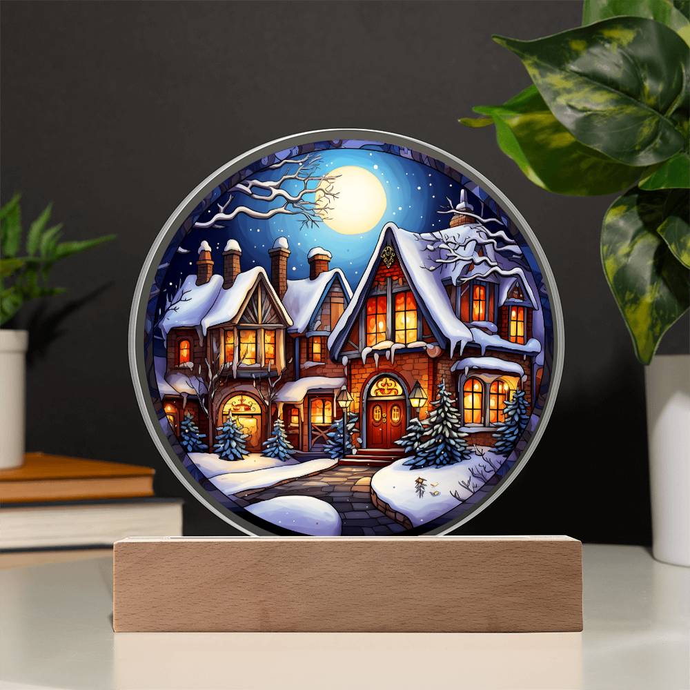 Snow Covered House Acrylic Circle Plaque with LED Home Decor Gift