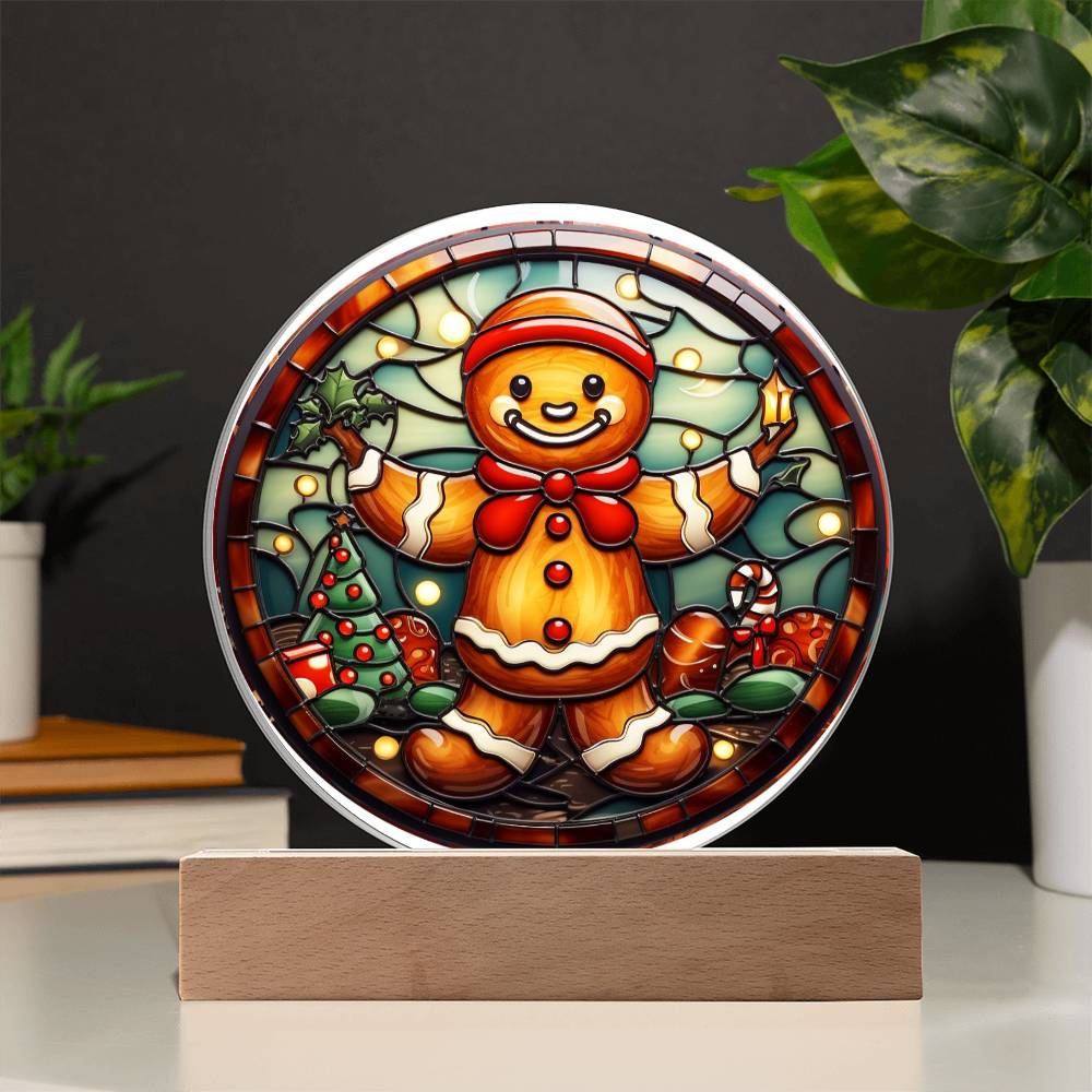 Christmas Gingerbread Man - Acrylic Circle Plaque with Available LED Night Light