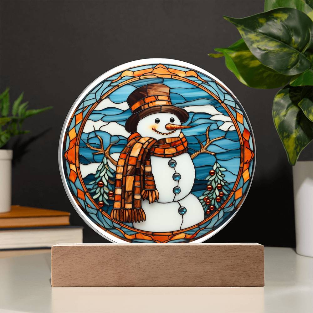 Stained Glass Snowman Acrylic Circle Plaque with Available LED Night Light