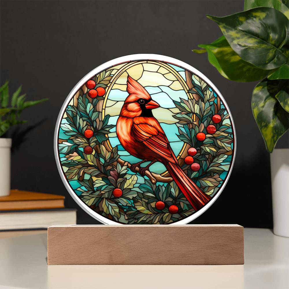 Christmas Cardinal - Acrylic Circle Plaque with Available LED Night Light