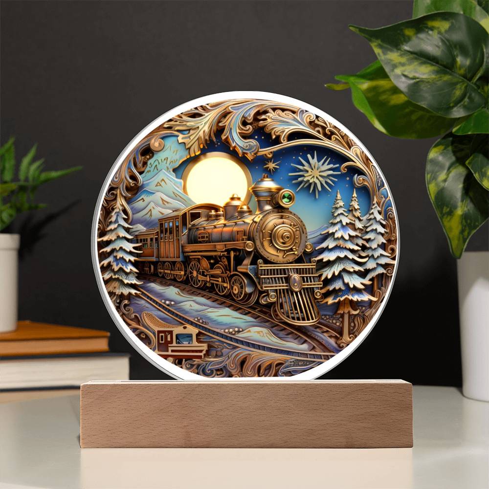 Christmas Fairy Tale Train- Acrylic Circle Plaque with Available LED Night Light