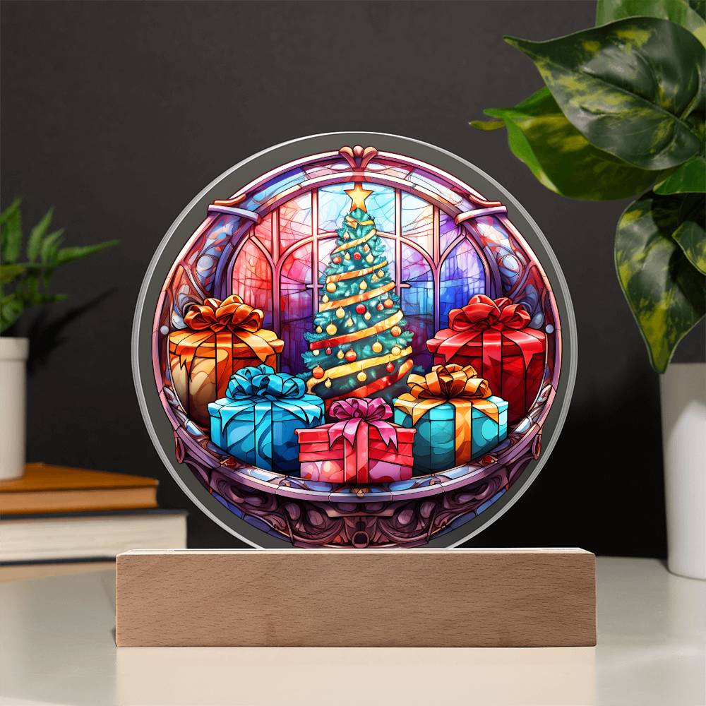 Christmas Tree and Gift Acrylic Circle Plaque with LED