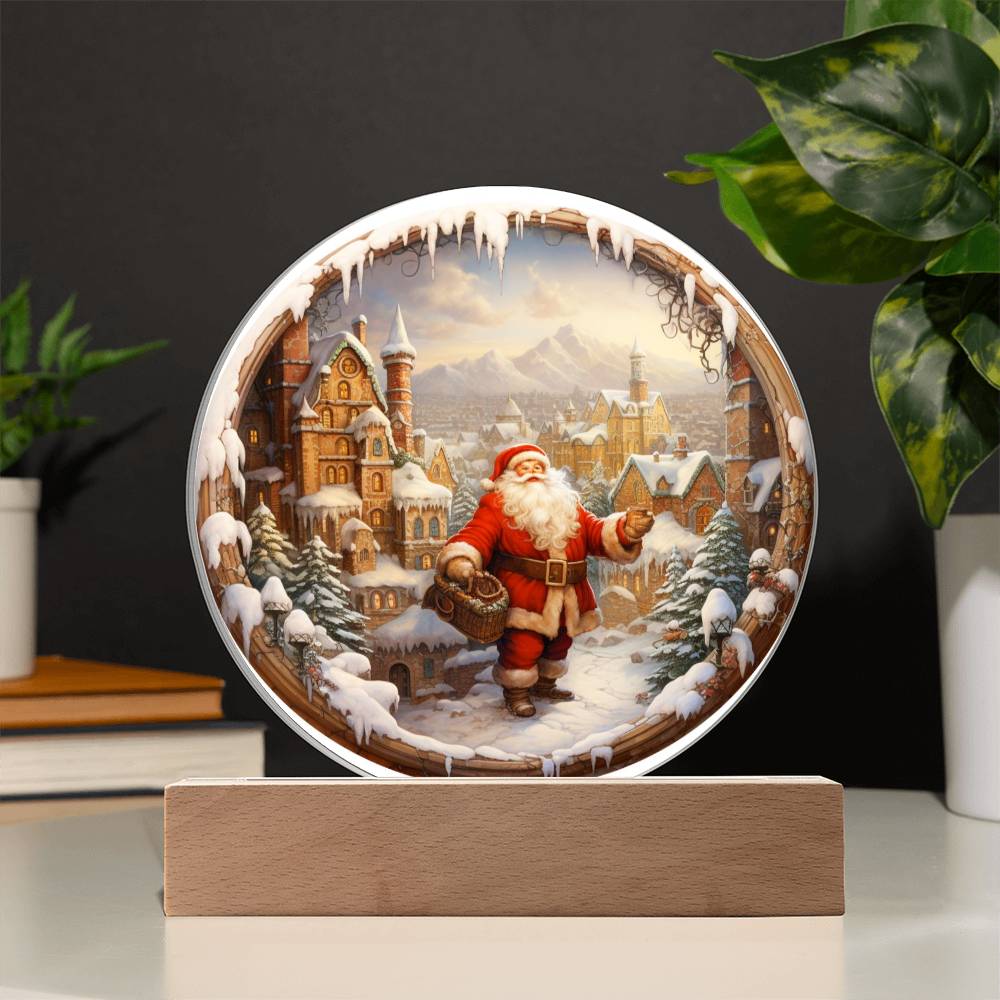 Christmas Santa Comes To Town Acrylic Circle Plaque with Available LED Night Light