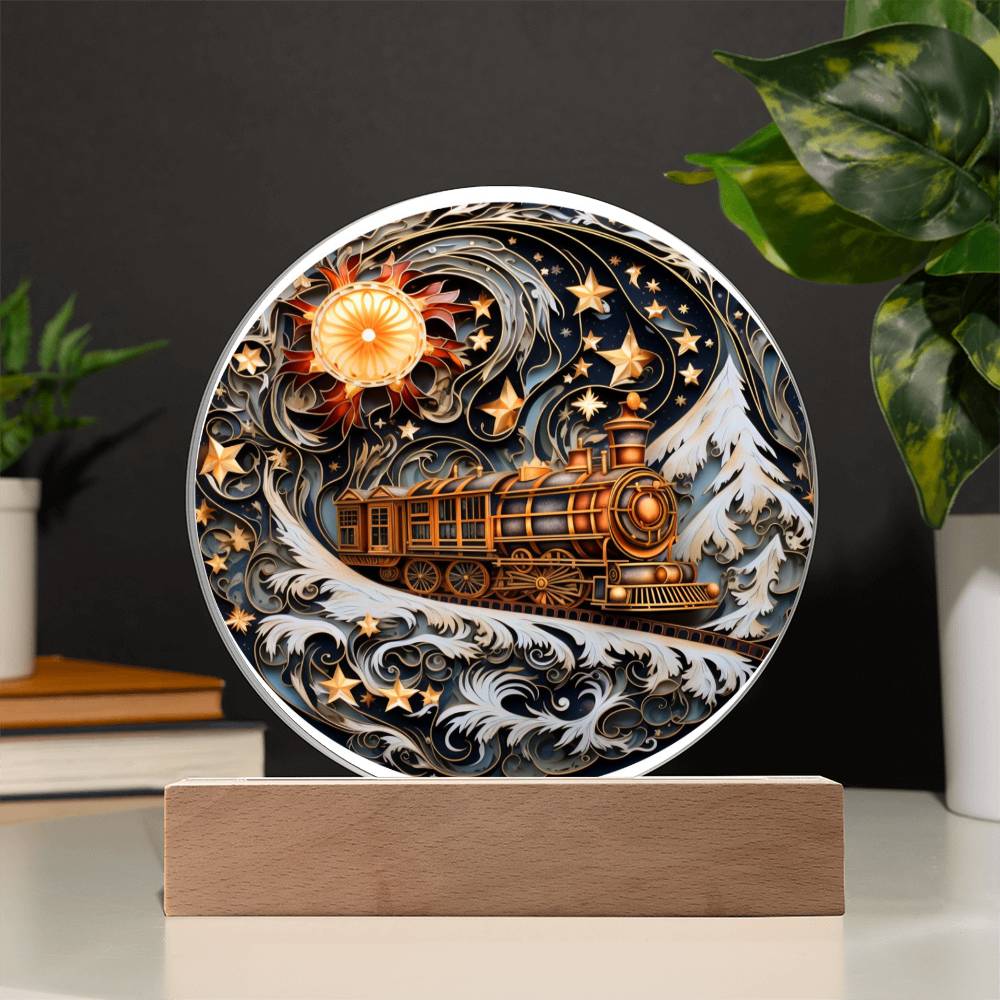 Christmas Gift - Acrylic Circle Plaque with Available LED Night Light - Wonderful Train Christmas