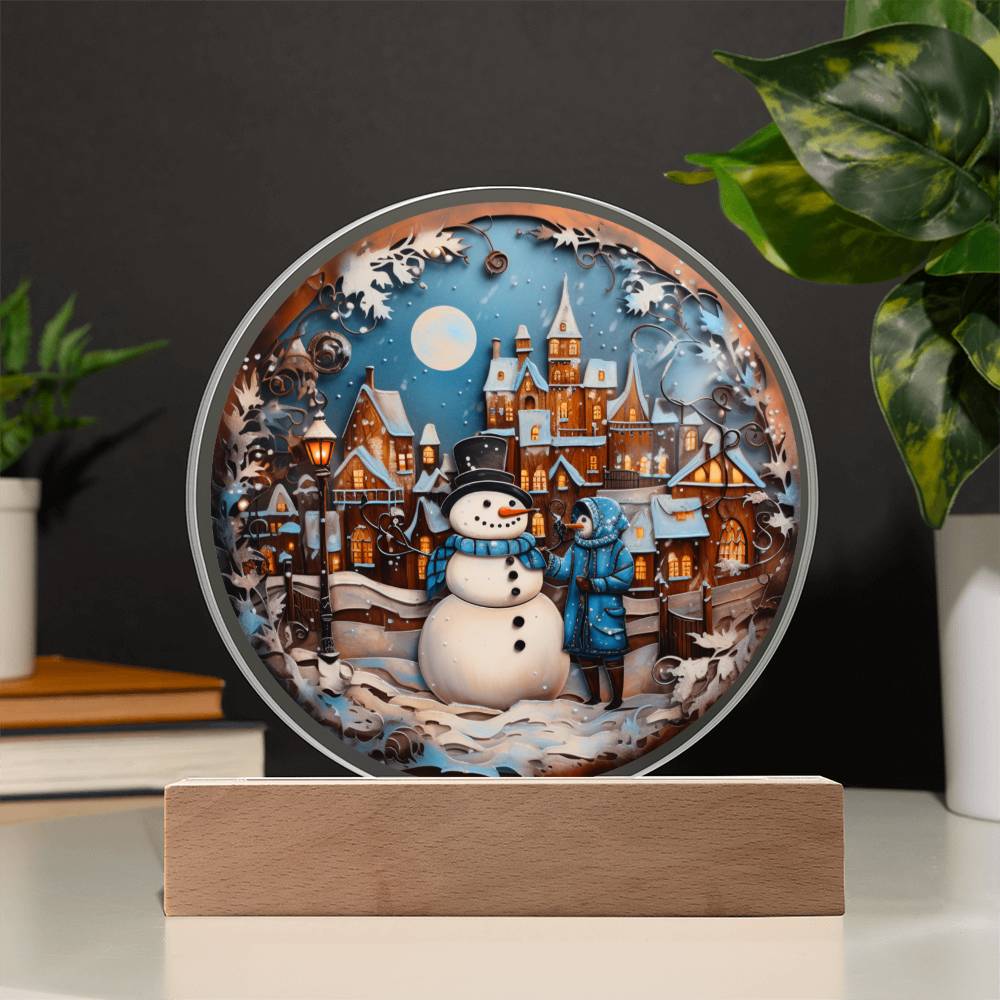 Christmas Snowman Gift - Acrylic Circle Plaque with Available LED Night Light - Snowman in Town