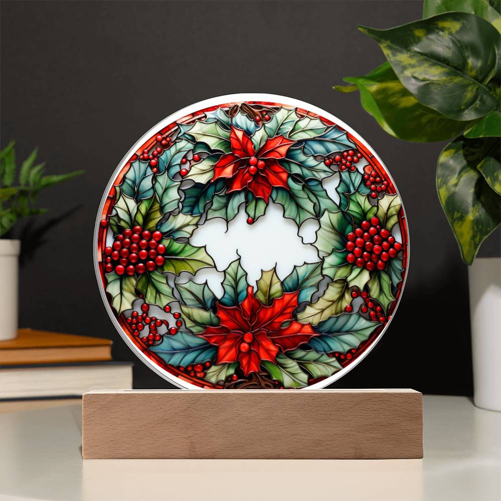 Christmas Wreath - Acrylic Circle Plaque with Available LED Night Light