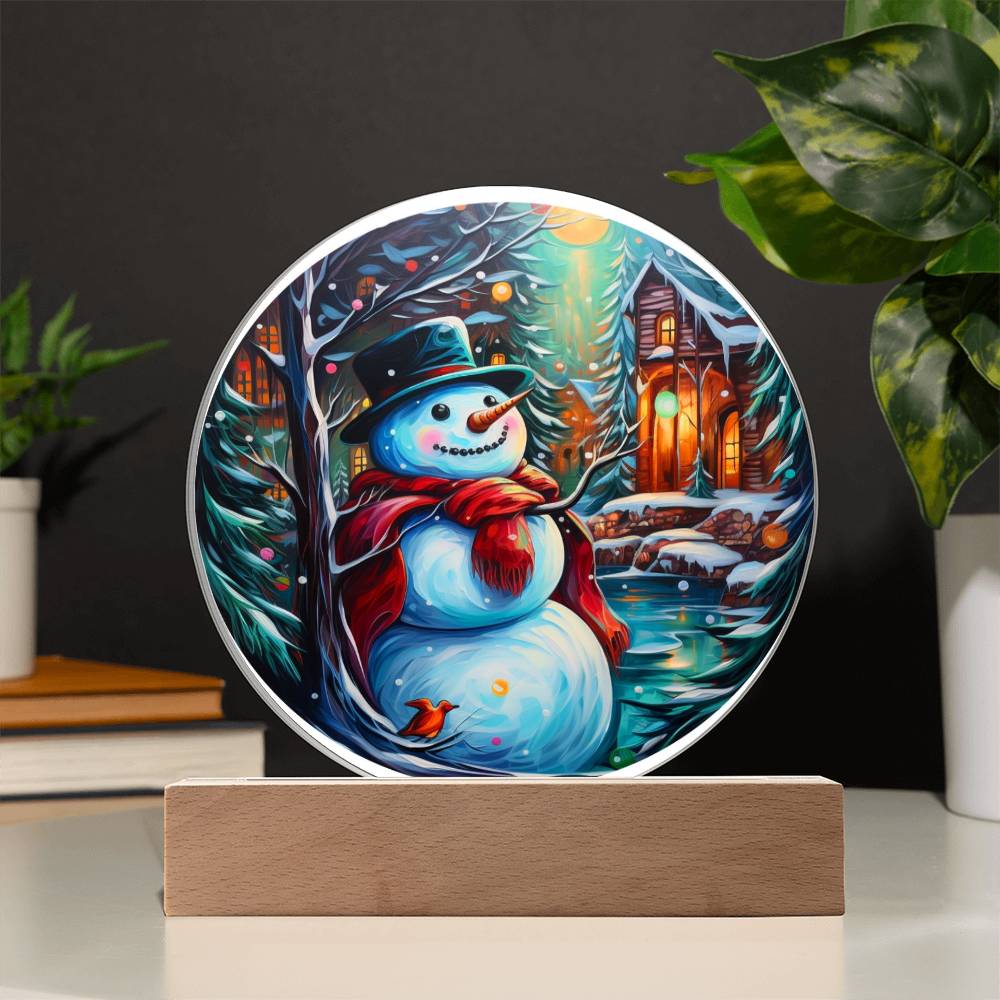 Snowman Acrylic Circle Plaque with Available LED Night Light