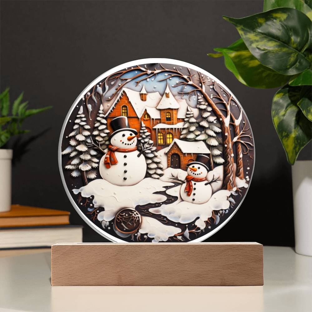 Twin Snowmen Acrylic Circle Plaque with Available LED Night Light