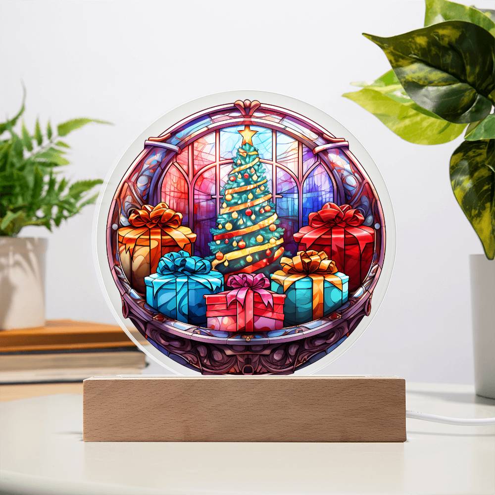 Christmas Tree and Gift Acrylic Circle Plaque with LED