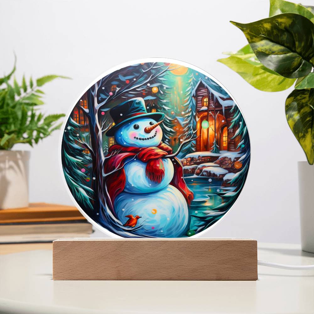 Snowman Acrylic Circle Plaque with Available LED Night Light