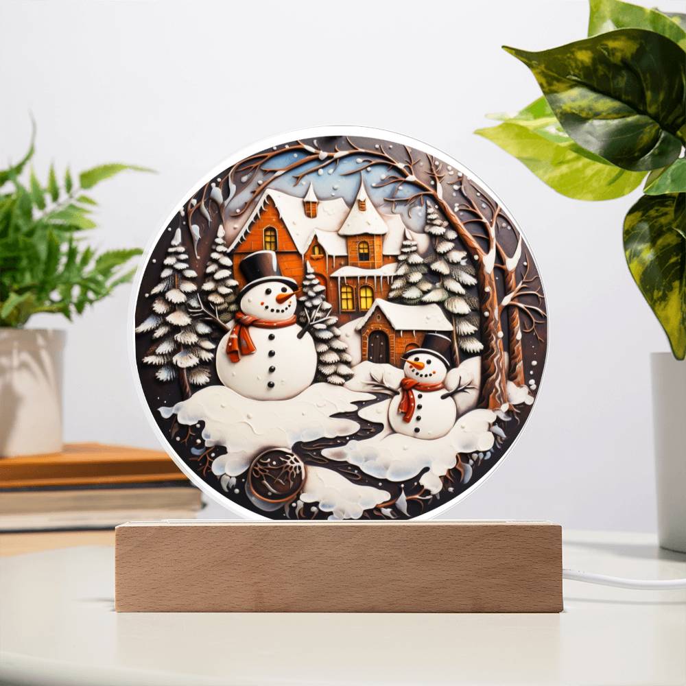 Twin Snowmen Acrylic Circle Plaque with Available LED Night Light