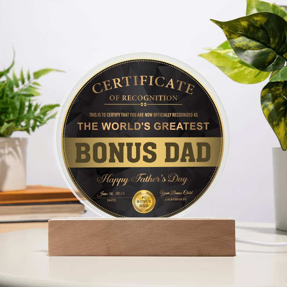 Bonus Dad Gift - Certificate Of Recognition - Round Acrylic Plaque