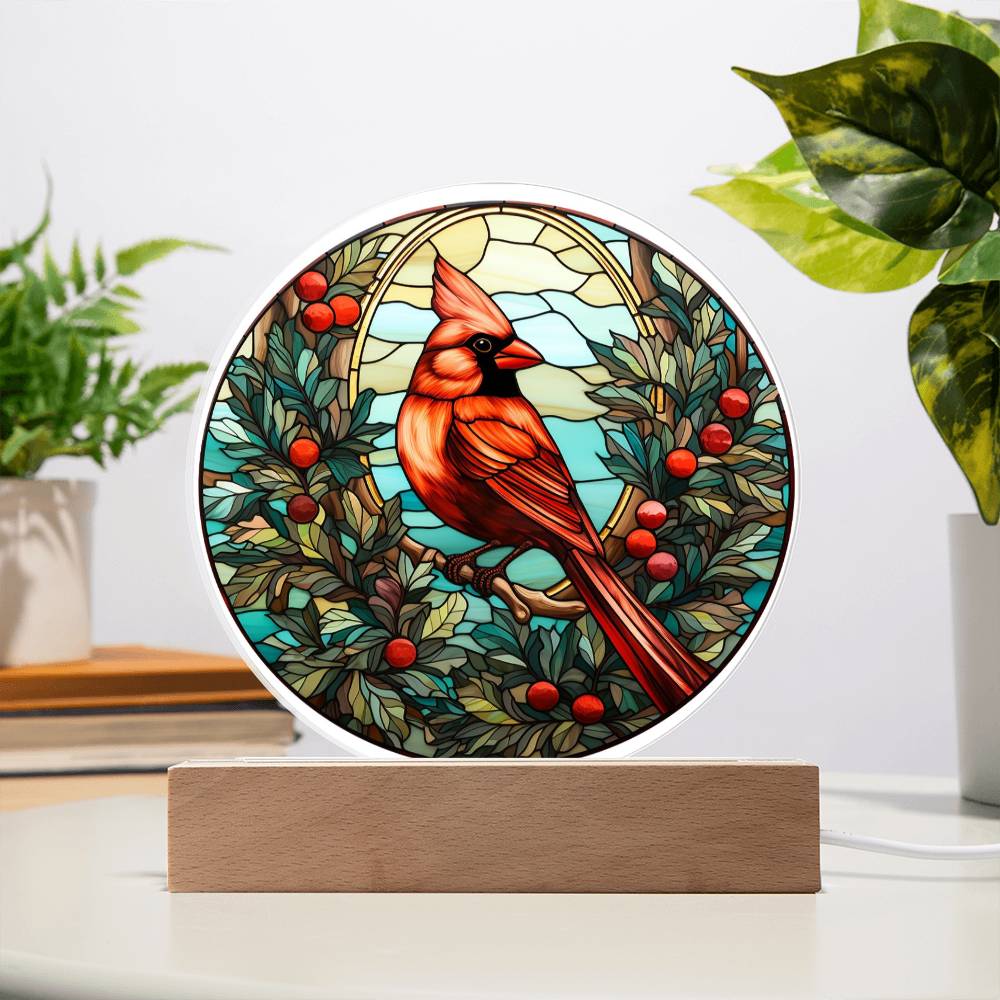 Christmas Cardinal - Acrylic Circle Plaque with Available LED Night Light