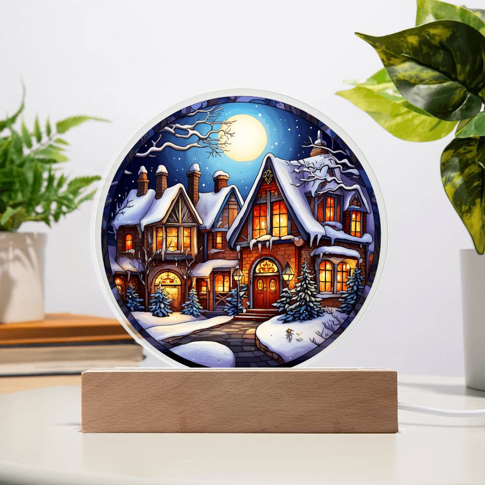 Snow Covered House Acrylic Circle Plaque with LED Home Decor Gift