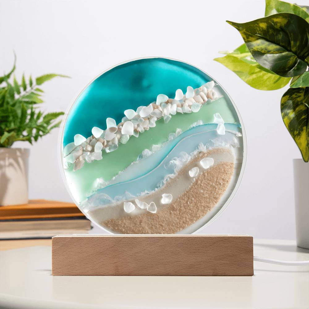 Sea Glass Acrylic Circle Plaque Table Top Display with LED