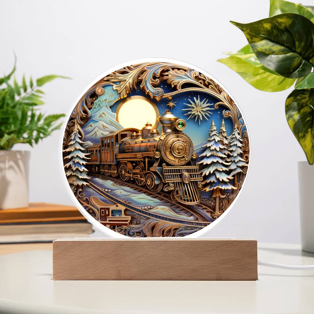 Christmas Fairy Tale Train- Acrylic Circle Plaque with Available LED Night Light