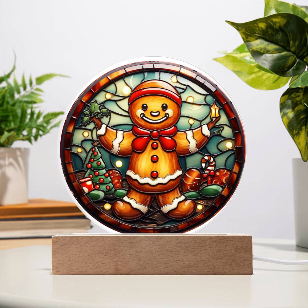 Christmas Gingerbread Man - Acrylic Circle Plaque with Available LED Night Light