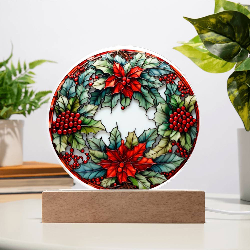 Christmas Wreath - Acrylic Circle Plaque with Available LED Night Light