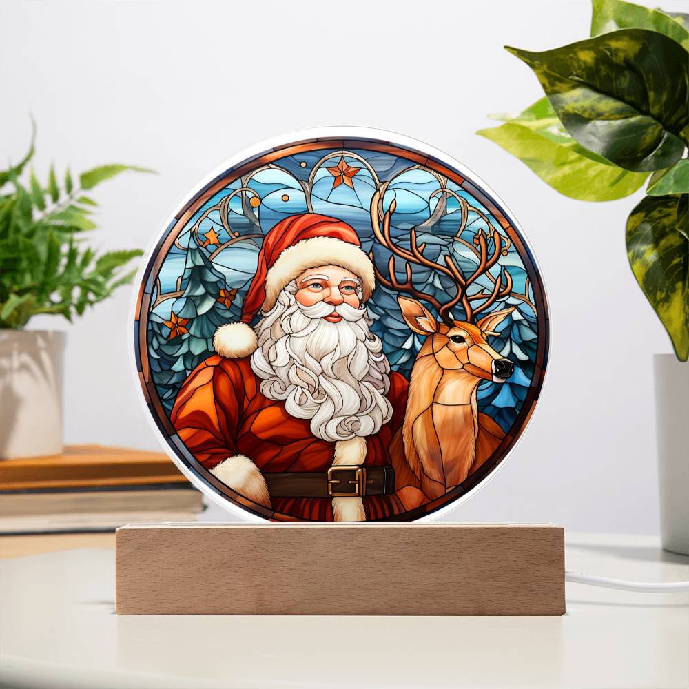 Santa with Reindeer- Acrylic Circle Plaque with Available LED Night Light