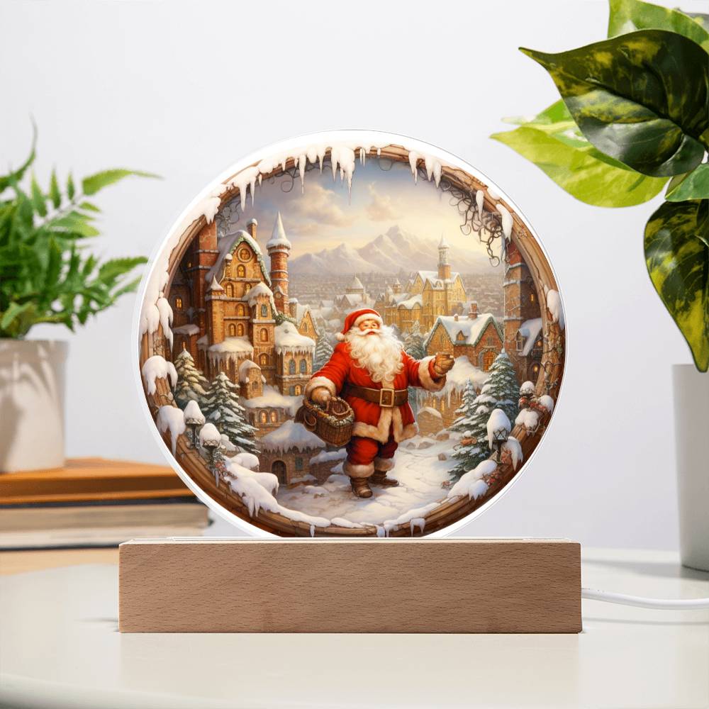 Christmas Santa Comes To Town Acrylic Circle Plaque with Available LED Night Light