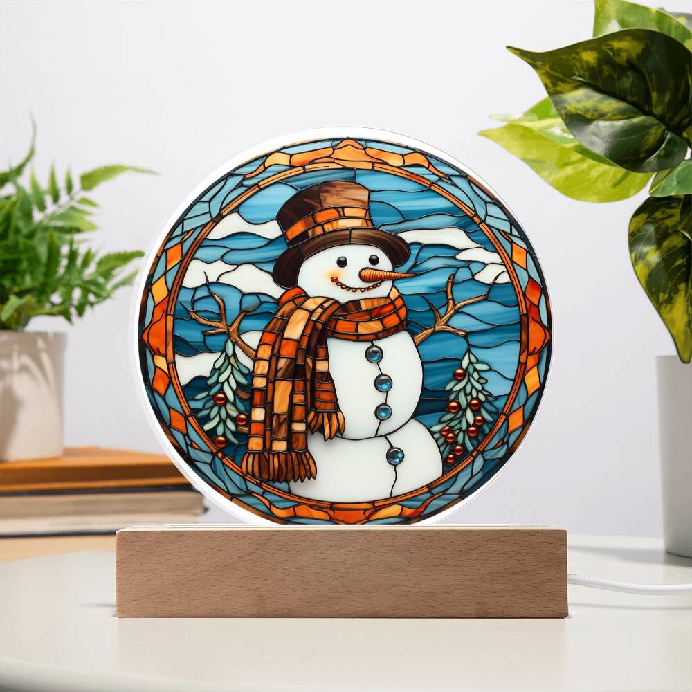 Stained Glass Snowman Acrylic Circle Plaque with Available LED Night Light