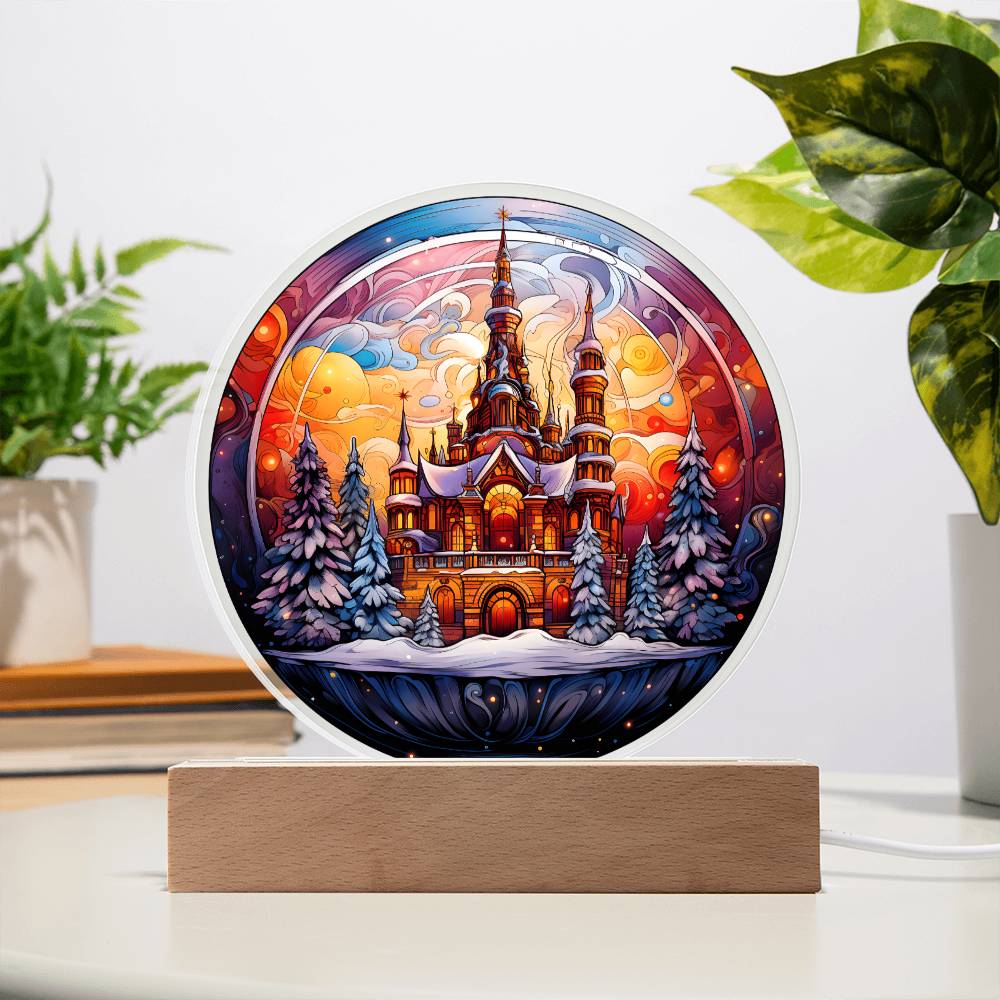 Christmas Gift - Christmas Castle Acrylic Circle Plaque with LED