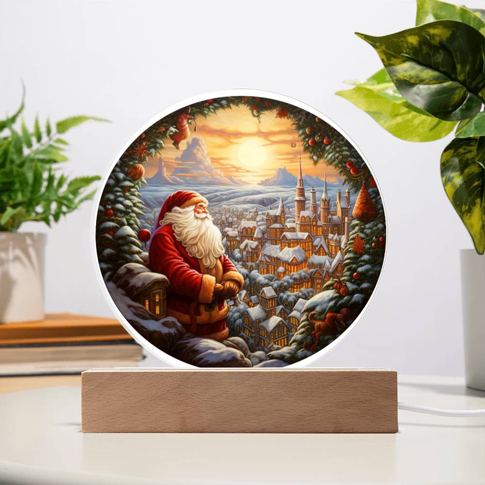 Christmas Santa and Town Acrylic Circle Plaque with Available LED Night Light