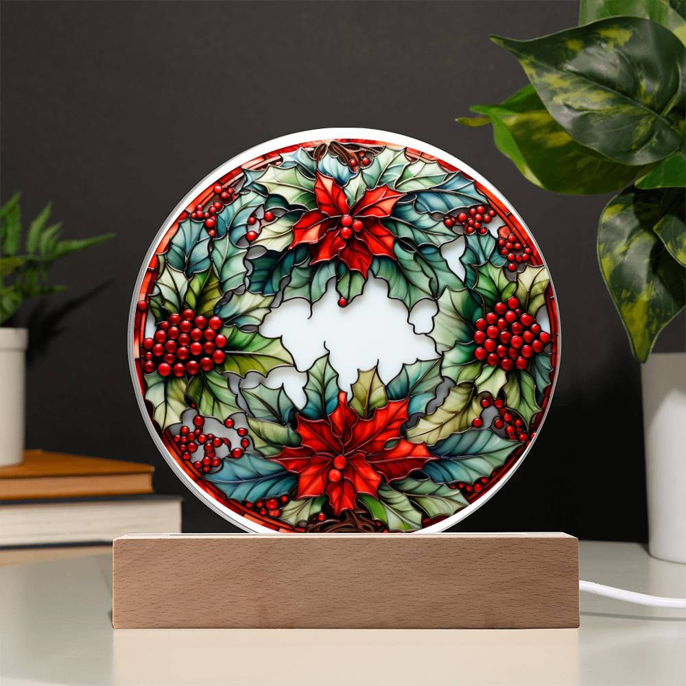 Christmas Wreath - Acrylic Circle Plaque with Available LED Night Light