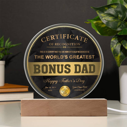 Bonus Dad Gift - Certificate Of Recognition - Round Acrylic Plaque