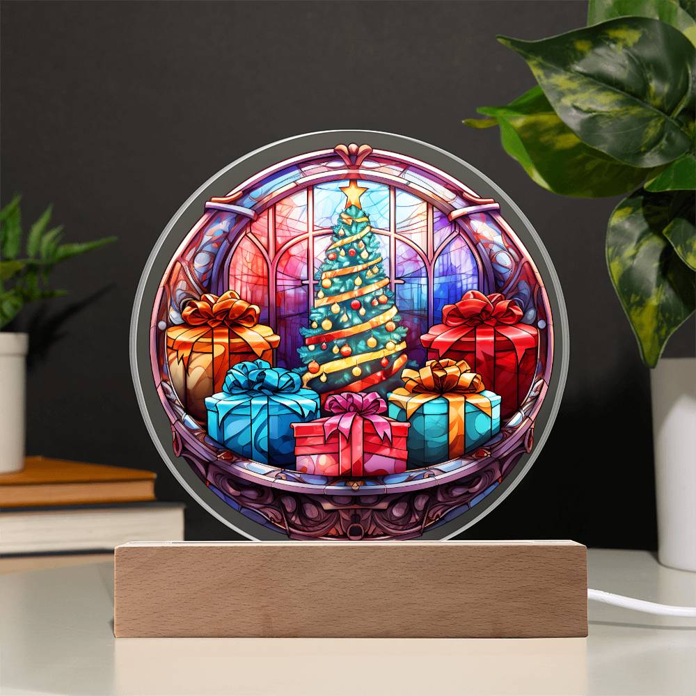 Christmas Tree and Gift Acrylic Circle Plaque with LED