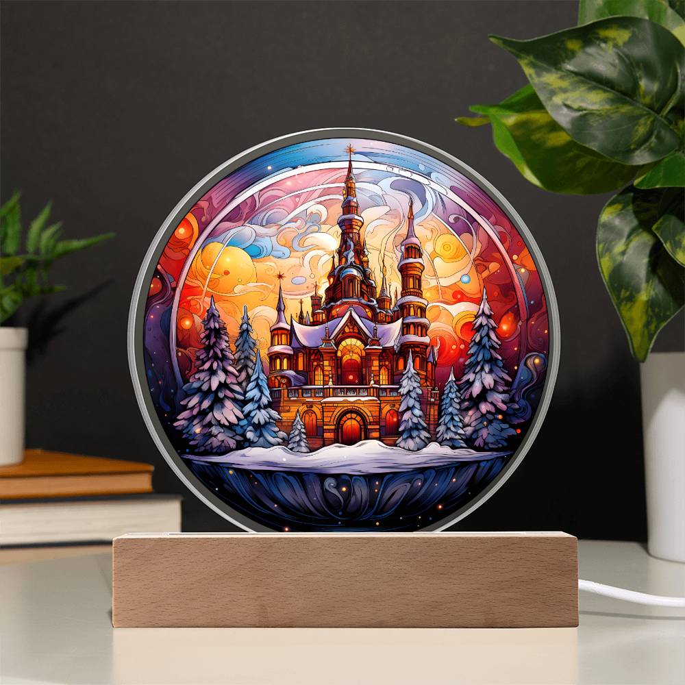 Christmas Gift - Christmas Castle Acrylic Circle Plaque with LED