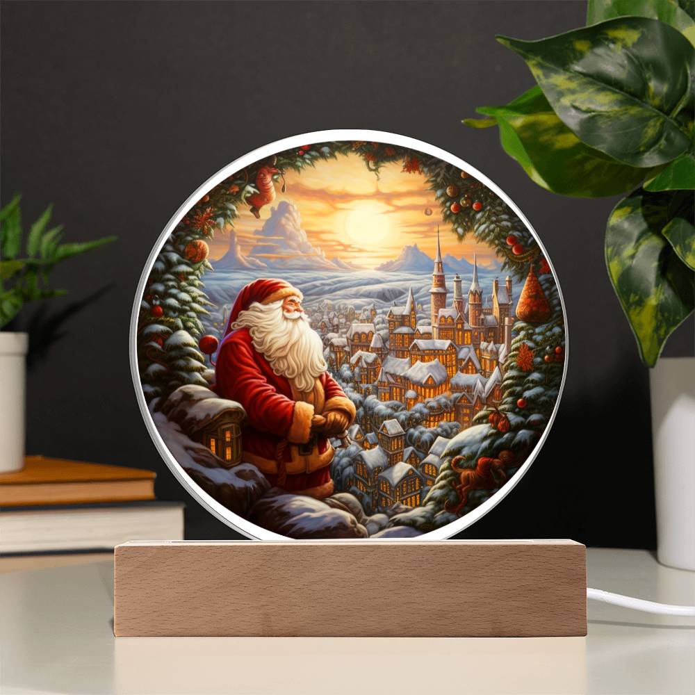 Christmas Santa and Town Acrylic Circle Plaque with Available LED Night Light